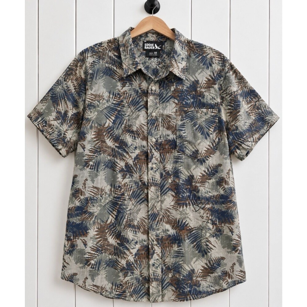 Eddie Bauer Men's 3X Botanical Leaf Print Cotton Short Sleeve Button Down Shirt